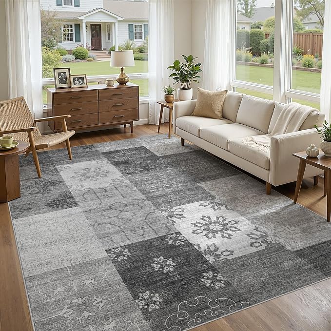 UERMEI 9x12 Area Rug for Living Room - Washable Vintage Carpet, Non-Slip Soft Large Indoor Floor Rugs for Bedroom Home Office & Under Dining Table Decor, Gray Block