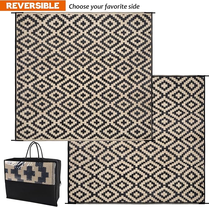 SAND MINE Waterproof Outdoor Rug 8x8 ft, Plastic Reversible Rug, Modern Area Rug, Large Floor Mat for Outdoors, RV, Patio, Backyard, Deck, Picnic, Beach, Camping, Black & Beige