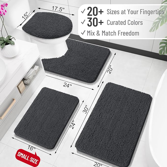 OLANLY Bathroom Rugs 30x20, Extra Soft Absorbent Chenille Bath Rugs, Rubber Backing Quick Dry, Machine Washable Bath Mats for Bathroom Floor, Tub and Shower, Home Decor Accessories, Dark Grey
