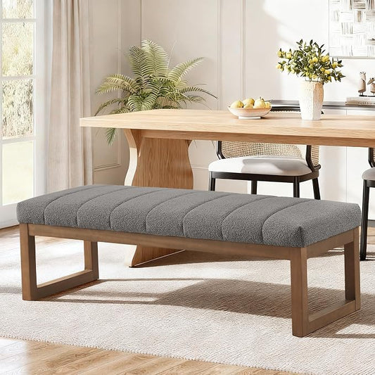 Zihanhome 52.7" Bedroom Bench for End of Bed, Modern Upholstered Teddy Fabric Entryway Bench & Dining Bench, Footrest Stool Bench with Solid Wood Frame for Bedroom, Living Room (Light Grey)