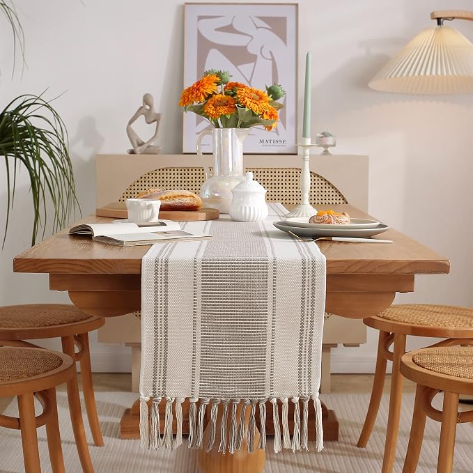 Boho Table Runner Natural Stripe for Modern Farmhouse Coffee Table Decor, Rustic Woven Runner with Handcrafted Tassels for Home Dining Table décor 13 x 90 Inch Long