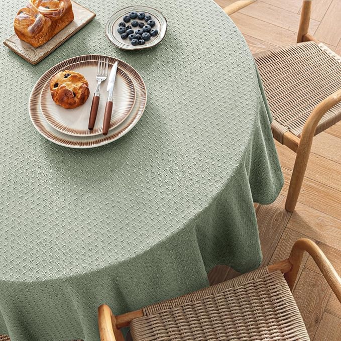 MIULEE Sage Green Linen Cotton Table Cloth Round Tablecloth Spring Waterproof Spillproof Cross-Star Textured Table Cltoth Decorative Farmhouse Style for Dining Party Weddings 60 Inch