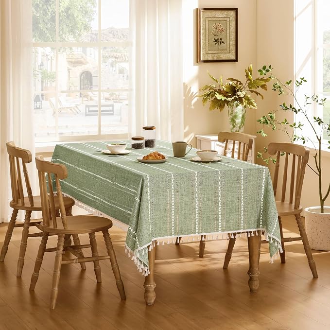 ZeeMart Hemstitched Embroidery Striped Boho Tablecloth 60x120 Inch Sage Green, Heavy Weight Farmhouse Burlap Linen Sage Green Tablecloth, Wrinkle Resistant Washable Table Cloth for Rectangle Table