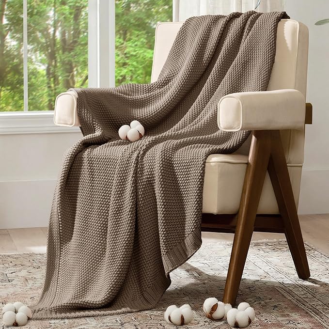 100% Cotton Cable Knit Throw Blanket, Lightweight Soft Knit Blanket for Sofa Couch Bed, Breathable All-Season Throw, Cozy Decorative Blanket, 50 x 60 Inch,Taupe