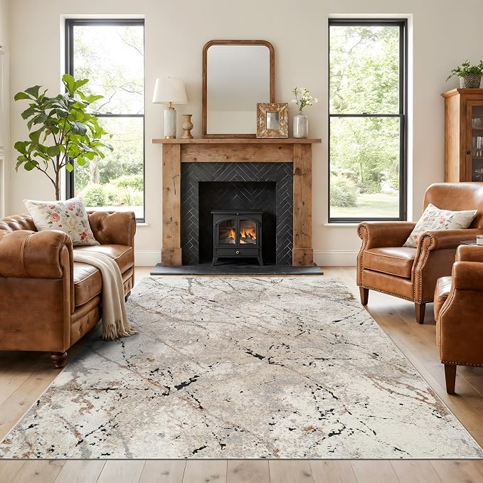 Rugshop Drifted Marble Abstract Area Rug Durable, Kid & Pet Friendly Gray, Ivory, Neutral Tones 6' 6" x 9' Great for Under Dining Sets, Large Bedrooms, or Home Offices