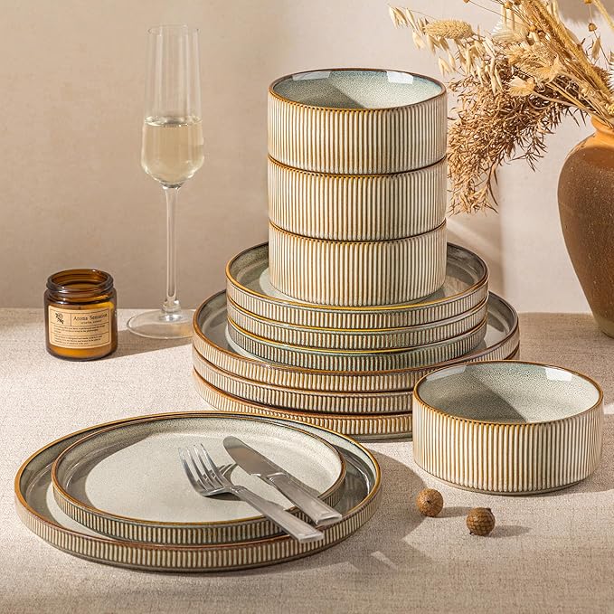 GBHOME 12-Piece Stoneware Dinnerware Set for 4 – Ribbed Ceramic Plates and Bowls, Scratch-Resistant, Microwave & Dishwasher Safe, Reactive Glaze, Celadon Mist