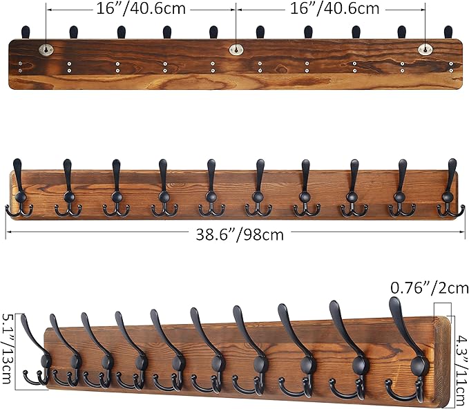 SKOLOO Rustic Large Coat Rack Wall Mount-38.6'' Long Coat Rack for Wall, Wood Coat Rack Hook, Farmhouse Coat Hanger Wall Mount for Hanging Jacket Coat