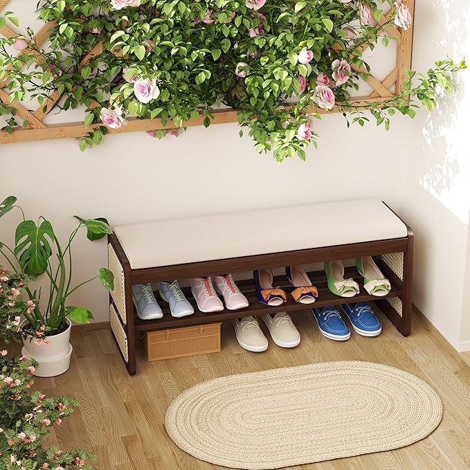 Shoe Storage Bench with Cushion - 2 Tier Shoe Rack for Front Door Entrance, Rattan Shoe Rack, Entryway Bench with Storage for Closet,Hallway,Bedroom&Living Room(Walnut, 39.4" W)