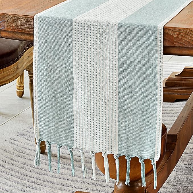 Wracra Linen Table Runner, Farmhouse Macrame Table Runners 36 Inches Long for Dining Table Decor, Wedding, Party and Dresser Decor (Aqua Blue,36")