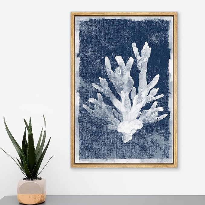 MUDECOR Framed Canvas Print Wall Art Watercolor Blot White Coral Nature Wilderness Illustrations Modern Art Beach Colorful Ultra for Living Room, Bedroom, Office - 24"x36" Natural