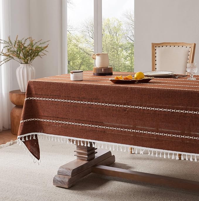 ZeeMart Hemstitched Embroidery Striped Boho Tablecloth 54x54 Inch Terracota, Heavy Weight Farmhouse Burlap Linen Terracota Tablecloth, Wrinkle Resistant Washable Table Cloth for Square Table