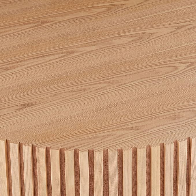 35.43" Circle Coffee Table for Living Room, Modern Round Center Tea Tables Drum Accent Couch End Table for Apartment Office,Minimalist Design with Fluted Side, (ø35.43" x 13.77"H, Oak)