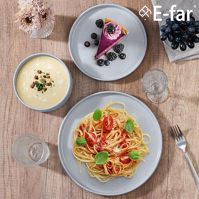 E-far 6-Piece Stoneware Dinnerware Sets, Plates and Bowls Set for 2, Kitchen Modern Dishes Set for Everyday & Formal, Chip and Scratch Resistant, Microwave & Dishwasher Safe, Speckled Gray