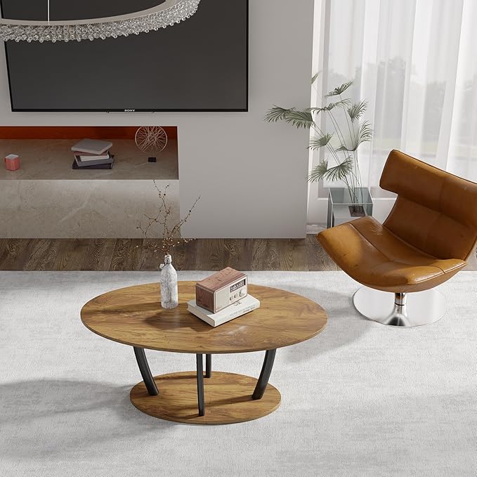 Manora Rustic Small Oval Coffee Table for Living Room, Narrow Wood Center Table with Shelf, Retro Style Coffee Table with Curved Metal Legs, Stable and Easy Assembly, Rusric Brown