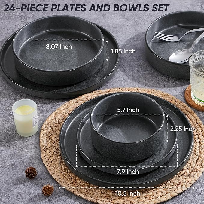 E-far Dinnerware Sets with Pasta Bowls, 24-Piece Stoneware Plates and Bowls Sets for 6 | Microwave & Dishwasher Safe Kitchen Modern Dish Set, Deep Gray