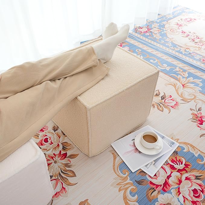Square Ottoman Foot Rest,Small Pouf for Couch,Coffee Table - Boucle Upholstered Foot Stools Applicable to Living Room & Bedroom & Dorm - Compressed Poufs,Beige