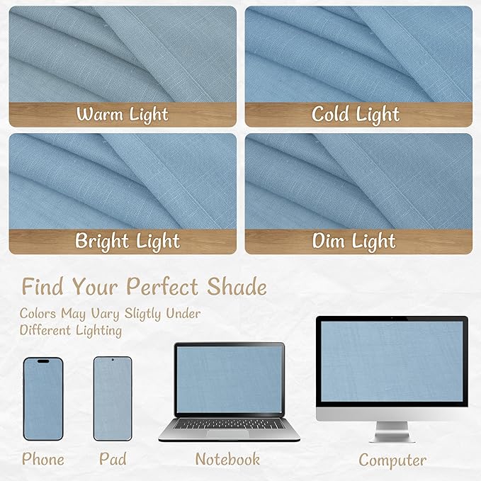LAMIT Linen Curtains for Living Room 90 inch Length 2 Panels, Light Filtering Semi Sheer Panels Back Tab and Rod Pocket Farmhouse Drapes for Bedroom/Sliding Glass Door, Blue, 52 x 90 Inch