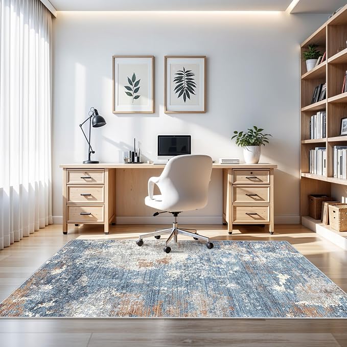 4x8 Washable Indoor Entryway Rug – Non-Slip Rubber Backed Floor Mat for Kitchen, Hallway, Bedroom – Modern Abstract Low-Pile Thin Wide Carpet Runner for Bathroom, Living Room, Office (Blue Rust, 4x8)