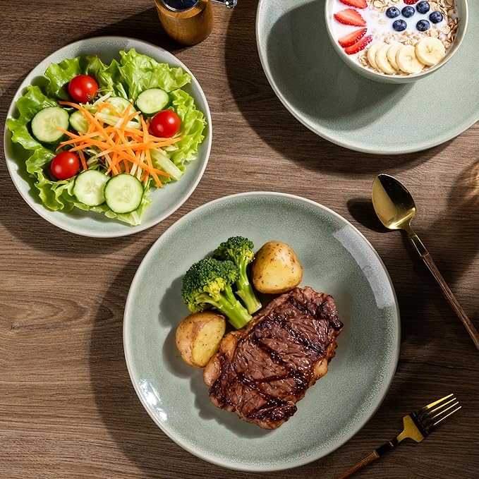 AmorArc Ceramic Dinnerware Sets for 8, 24 Pieces Handpainted Plates and Bowls Set, Scratch Resistant Stoneware Dishes Set, Dishwasher & Microwave Safe, Olive Green