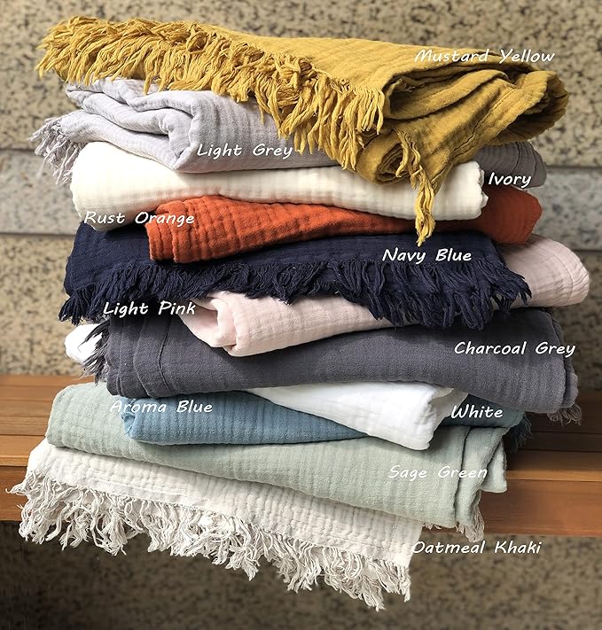 KyraHome 100% Cotton Muslin Throw Blankets for Couch, 50"x60" Pre-Washed Plant Dyed, Breathable, Lightweight Summer Throw Blankets for Adults, Picnic, All Season, Mustard Yellow