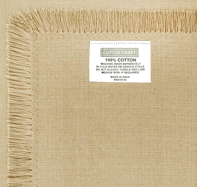 COTTON CRAFT Cloth Napkins with Fringe Border - Set of 12 Soft Pure Cotton Napkins - Reusable Lunch Brunch Dinner Spring Summer Everyday Dining Table Linen - 18 x 18 inches - Beige