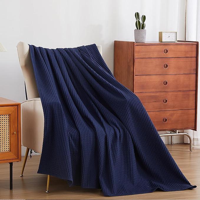 100% Egyptian Cotton Waffle Weave Throw Blanket for Bed Couch Sofa Home Decor, Soft Lightweight Bed & Couch Blanket for All Seasons (Navy Blue - Queen Size - 90 * 90")