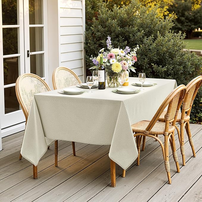 MIULEE Ivory Linen Cotton Table Cloth Rectangle Tablecloth Spring Waterproof Spillproof Cross-Star Textured Table Cltoth Decorative Farmhouse Style for Dining Party Weddings 60x84 Inch