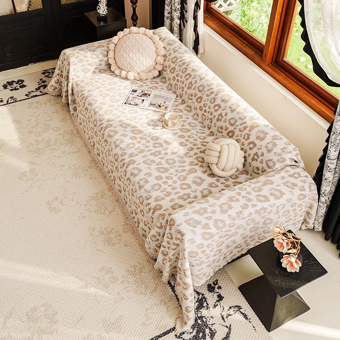 VClife Bohemian Leopard Couch Cover Furniture Protector, Washable Non Slip Sofa Cover for L Shape, Anti-Pilling Couch Covers for 3-4 Cushion Couch Sofa Dog Cat Sofa Throw Cover, Khaki, 71''x150''