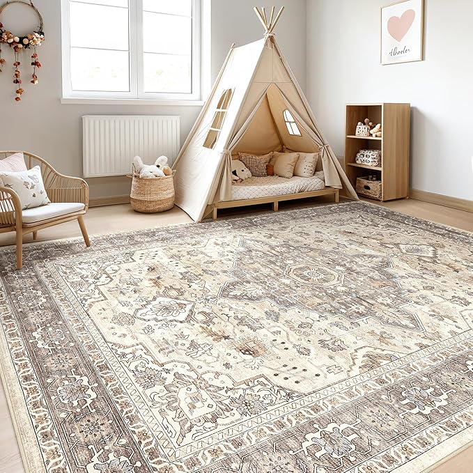 7x10 Area Rug Living Room: Washable Boho Large Neutral Vintage Soft Rugs Stain Resistant Farmhouse Non-Slip Indoor Floor Carpet for Bedroom Nursery Kids Playroom Office Dining Room- Beige Brown