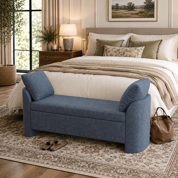 Usaint 58.3" Storage Ottoman Bench with Pillows, Upholstered End of Bed Bench with Arms, Footrest Stool Bench for Bedroom, Living, Window, Entryway and Hallway, Blue