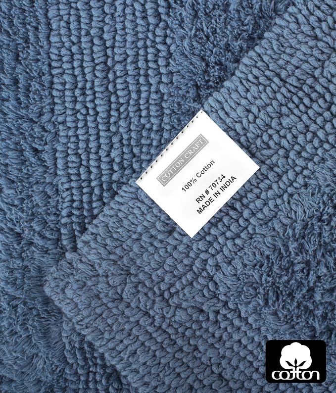 COTTON CRAFT Luxurious Bath Mat Rug - Set of 2 Reversible Heavyweight Step Out Bath Mats for Bathroom Floor, Tub and Shower - Pure Cotton Soft Plush Absorbent Tufted Racetrack Mat - 17x24 - Azure Blue