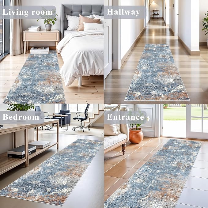 2x8 Washable Non-Slip Hallway Runner Rug – Modern Coastal Abstract Neutral Stain-Resistant Low-Pile Carpet Runner for Kitchen Entryway Bedroom Bathroom (Blue Rust,2x8)