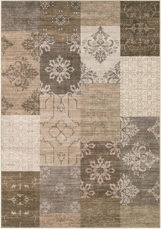 UERMEI 5x7 Area Rug for Living Room, Washable Brown Modern Geometric Patchwork Non Slip Stain Resistant Low Pile Foldable Carpet for Bedroom Dining Farmhouse Home Office