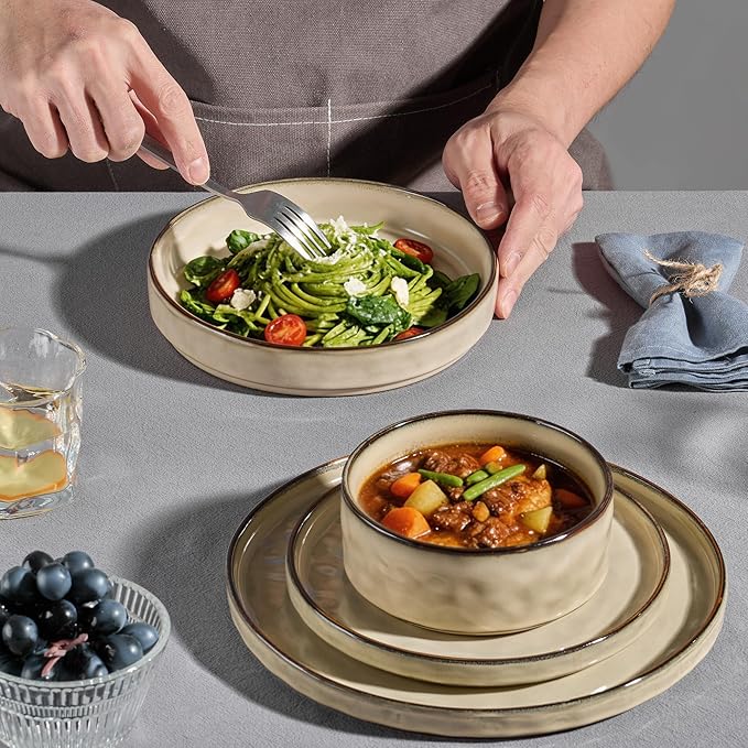 E-far 24-Piece Plates and Bowls Sets with Pasta Bowls - Stoneware Dinnerware Set for 6, Modern Ribbed Dishes, Microwave & Dishwasher Safe, Sandy Khaki