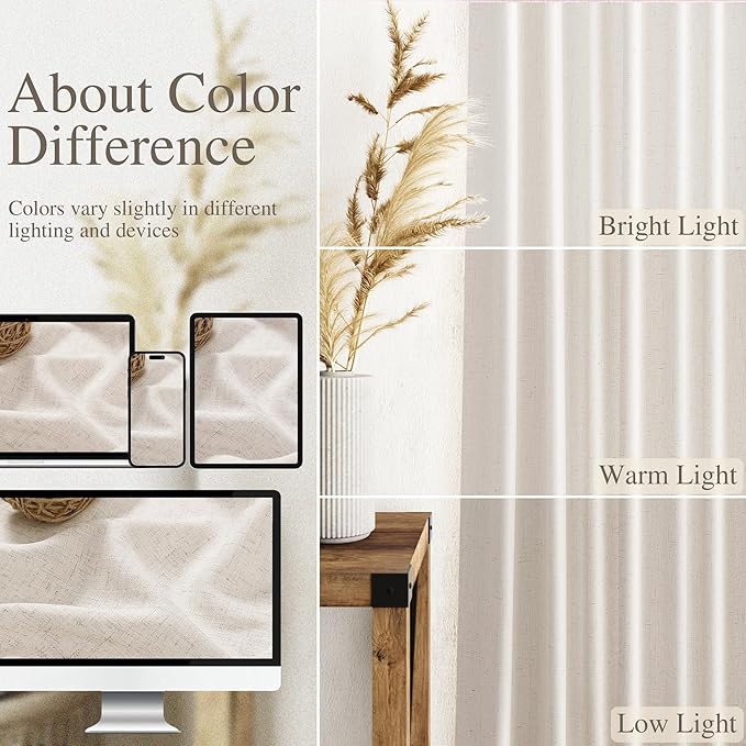 Extra Long Tan Beige Curtains 120 inch Length 2 Panels Set Back Tab Neutral Farmhouse Drapes Light Filtering Semi Sheer Linen Curtain 120 inches Long for Floor to Ceiling Window Patio Sliding Door
