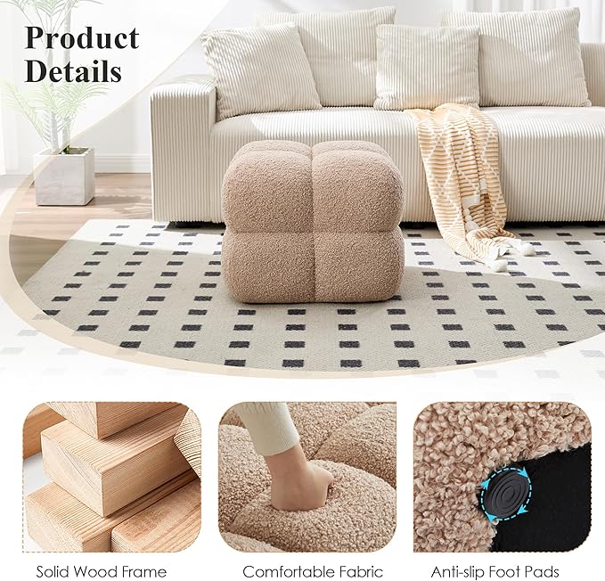 Square Ottoman Stool, Boucle Ottoman Coffee Table with with Full Coverage, Modern Vanity Stool, Upholstered Tufted Foot Rest Pouf for Bedroom, Living Room, Entryway, Tan