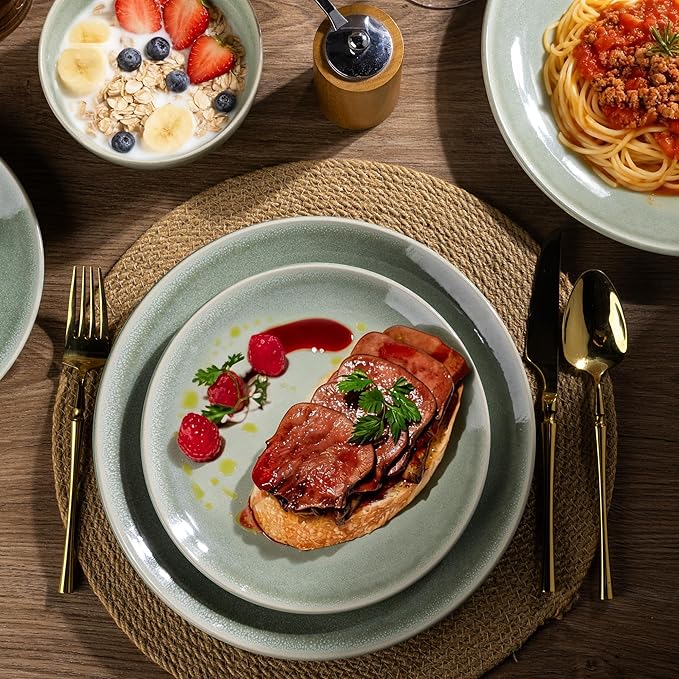 AmorArc Ceramic Dinnerware Sets for 8, 24 Pieces Handpainted Plates and Bowls Set, Scratch Resistant Stoneware Dishes Set, Dishwasher & Microwave Safe, Olive Green