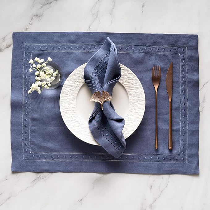 Linen Napkins Set of 4-100% Pure Linen Navy Blue Dinner Napkins with Embroidered Dot 18 x 18 inch - Hemstitch Cloth Napkins Washable for Winter and Spring Decor