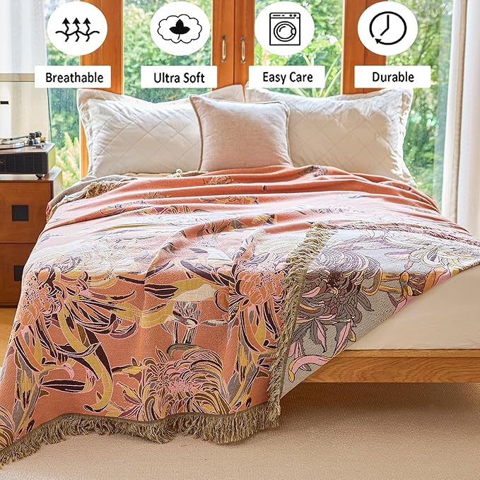 VANJOROY Boho Throw Blanket 60" x 80", 100% Organic Cotton Breathable Skin-Friendly Ultra Soft Bed Quilt Throw - Floral Rustic Decor Luxury Reversible Blanket for Sofa Couch Chair and Gift,