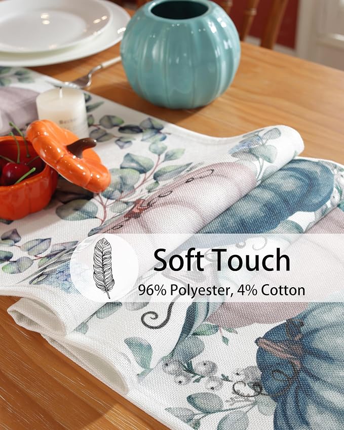 Fall Decorations for Home Blue Fall Table Runner 72 Inches Long with Autumn Pumpkins Eucalyptus Leaves. Thanksgiving Decorations for Dining Room Kitchen Table Seasonal Holiday Harvest Party Decor