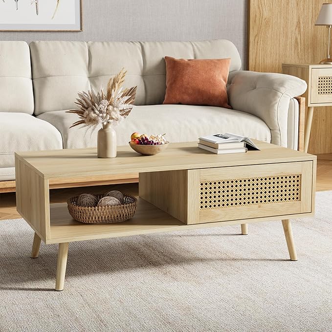 IDEALHOUSE Rattan Coffee Table with Storage, Farmhouse Boho Center Sofa Table with Sliding Door and Open Shelf for Living Room, Bedroom