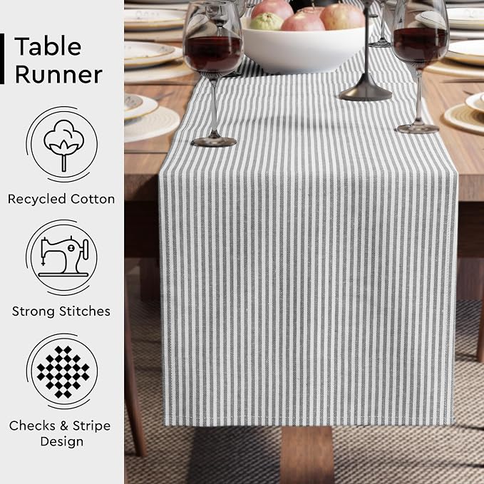Encasa XO Cotton Dining Table Runner | Ticking Black | Size 13x72 in - Machine Washable & Durable