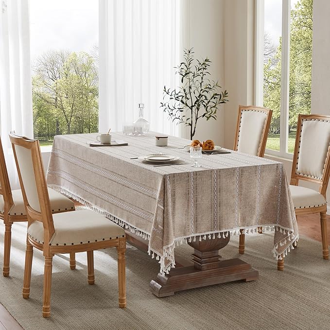 ZeeMart Hemstitched Striped Boho Tablecloth 60x84 Inch (Fit 5ft, Narrow Fit 6ft Rectangle Table) Heavy Weight Farmhouse Burlap Linen Neutral Wrinkle Resistant Tablecloth, Natural