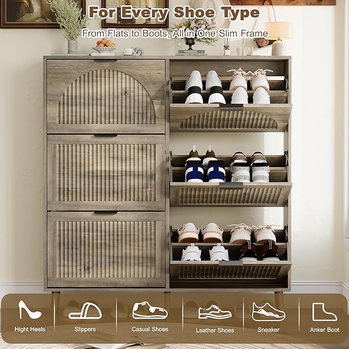 Shoe Storage Cabinet with 6 Flip Drawers, Narrow Wood Shoe Organizer Cabinet with Fluted Panel, Slim Shoe Rack for Entryway, Freestanding Shoe Cabinet for Living Room, Hallway, Grey