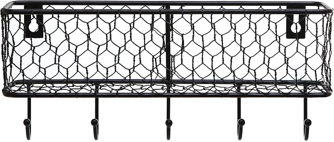 MyGift Wall Mounted Metal Entryway Mail Holder and Key Organizer Rack with 5 Hooks, Decorative Storage Basket and Hanger Hooks for Keys, Lanyard, Keychain, Light Coat