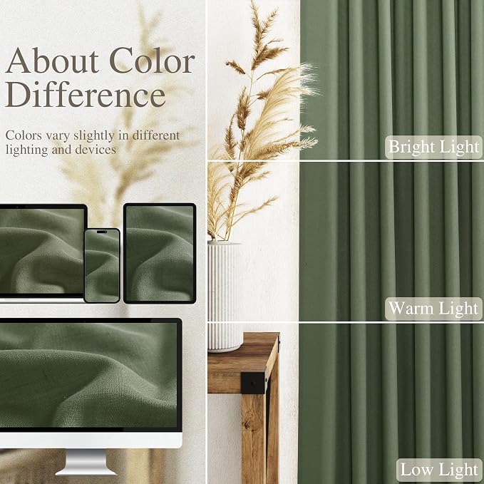 Nanspring Olive Green Linen Curtains 72 Inches Long 2 Panels Set for Living Room Back Tab Rod Pocket Light Filtering Semi Sheer Privacy Drapes Cotton Farmhouse Bedroom Curtain 52X72 Inches