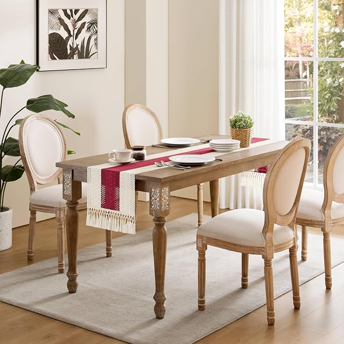 ZeeMart Macrame Style Bicolor Stitching Table Runner, 14 x 108 Inch Red/Ivory, Boho Red Table Runners 108 Inches Long, Farmhouse Woven Home Decor