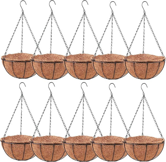 LaLaGreen Hanging Baskets for Outdoor Plants (10 Pack, 14 Inch) Large Hanging Planter with Coco Liner Round Flower Pots, Black Metal Wire Plant Holder Hook Deck Porch Garden Balcony Farmhouse Decor