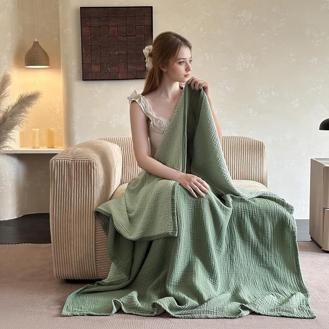 Simple&Opulence 100% Cotton Muslin Blanket, Lightweight Breathable 4 Layering Soft Cotton Throw Blanket,Gauze Blanket for Bed Couch Camping All-Season Use (Sage Green, 50"x60")