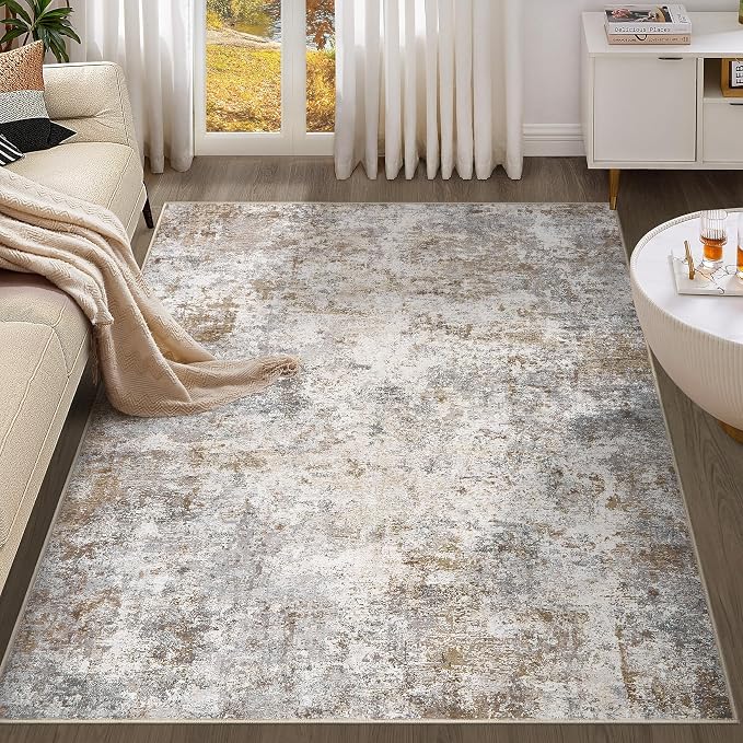 UERMEI 4x6 Area Rug Living Room Rugs - Washable Neutral Modern Abstract Soft Thin Rug Indoor Floor No Slip Rug Carpet for Bedroom Under Dining Table Home Office Decor - Brown Grey